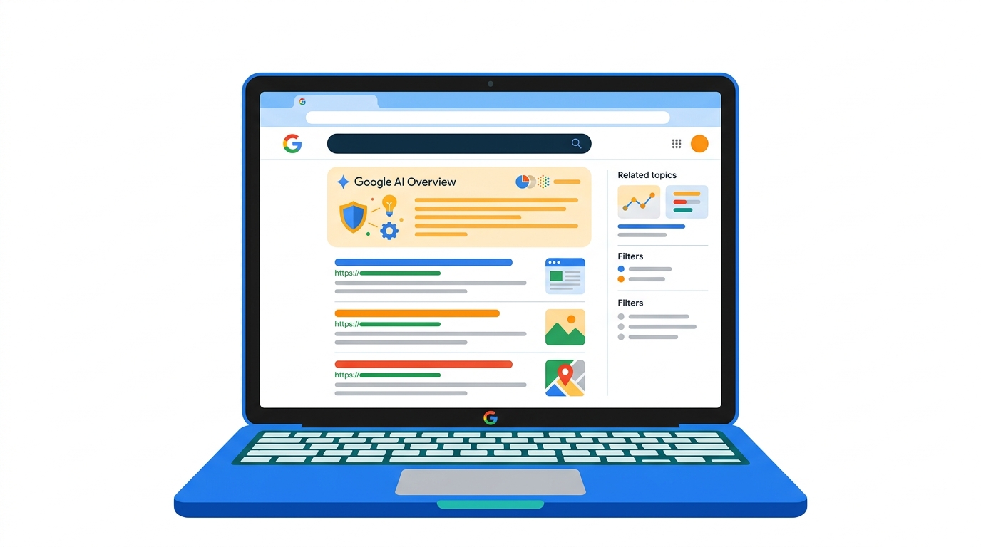 Laptop showing Google AI Overview and classic search results side-by-side