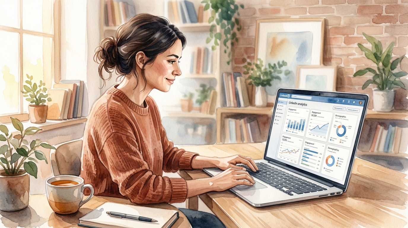 Professional viewing LinkedIn analytics dashboard on laptop in modern workspace