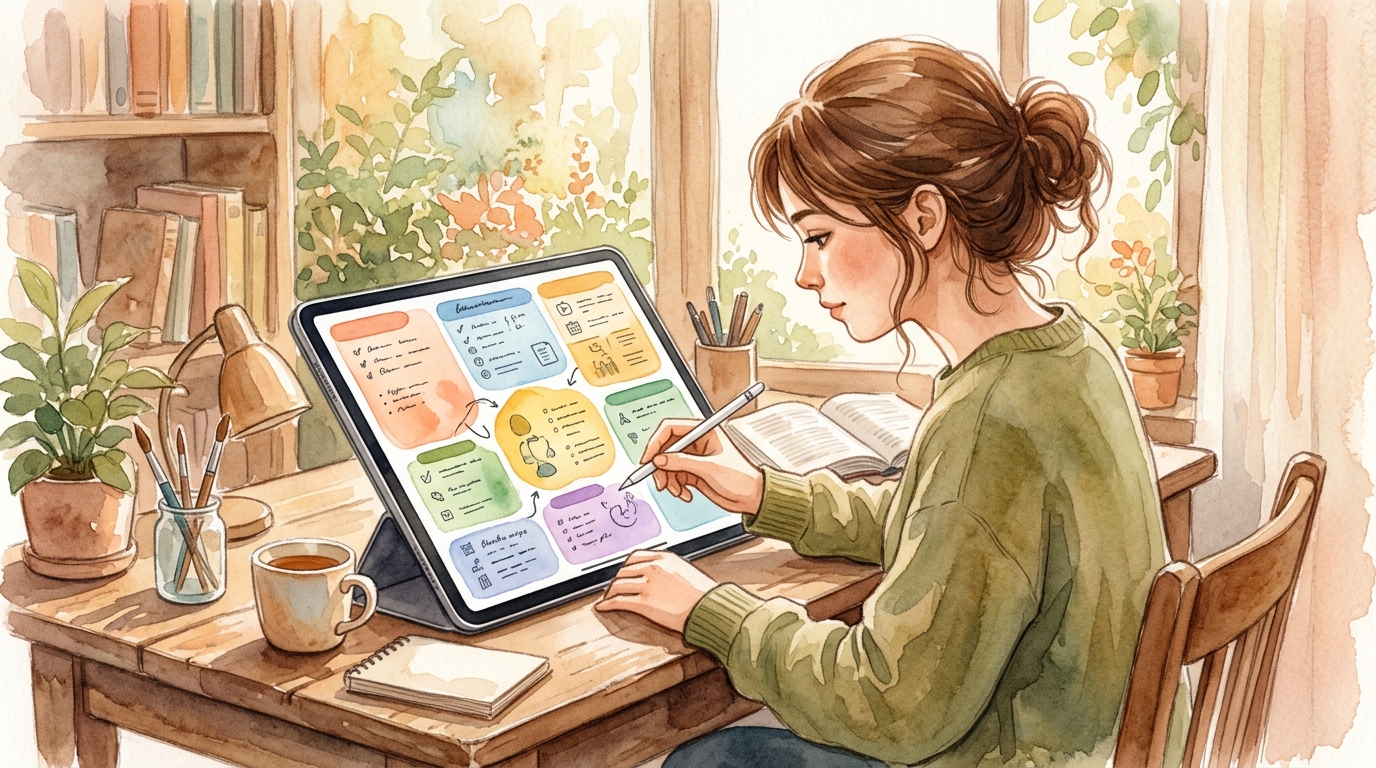 Student filling out a color-coded digital note template on a tablet