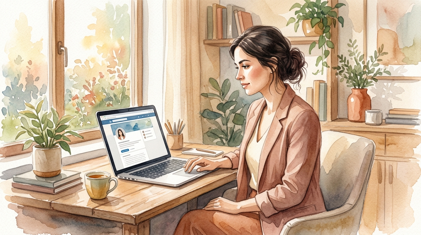 Business professional updating LinkedIn profile on laptop in modern workspace