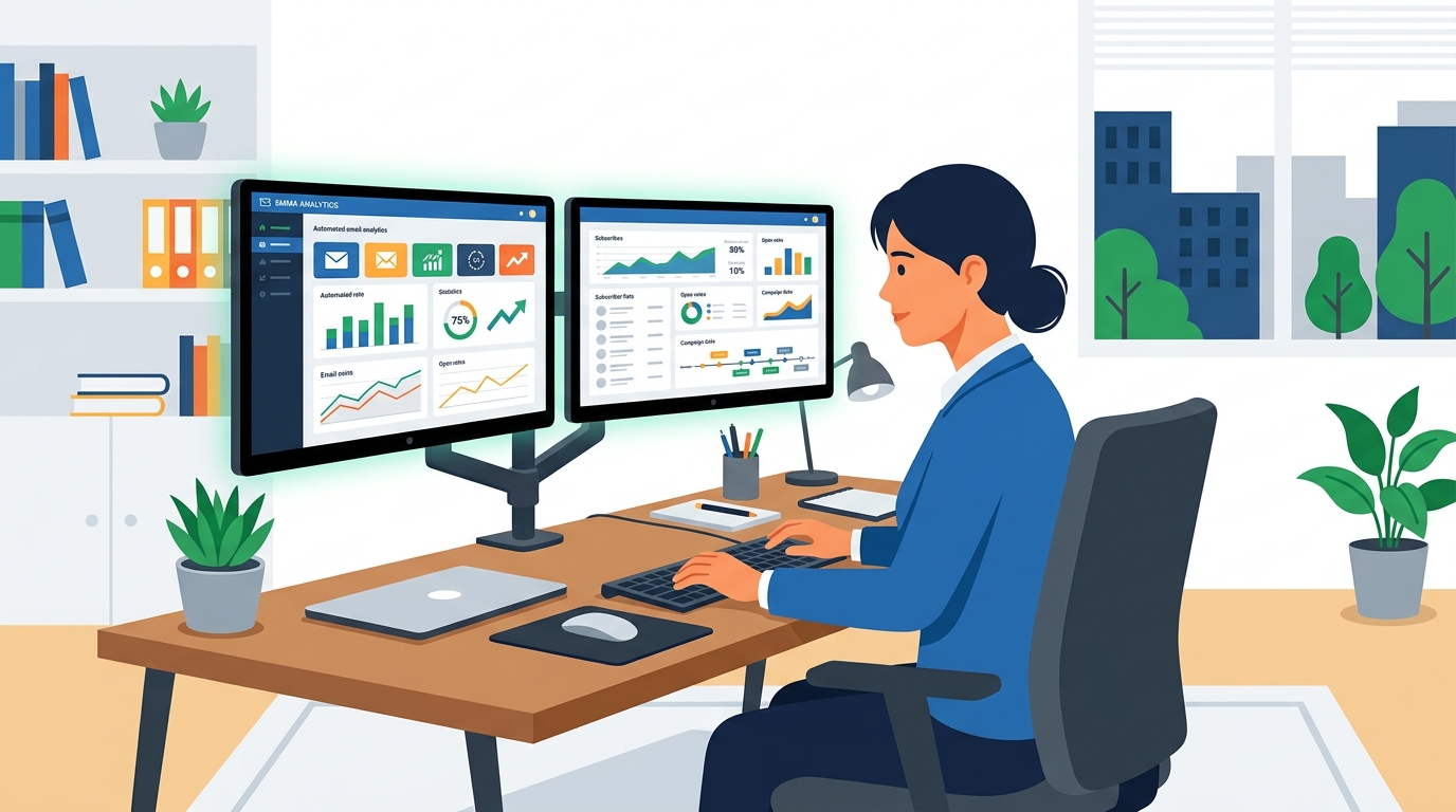Professional at a desk with dual monitors displaying automated email analytics dashboard