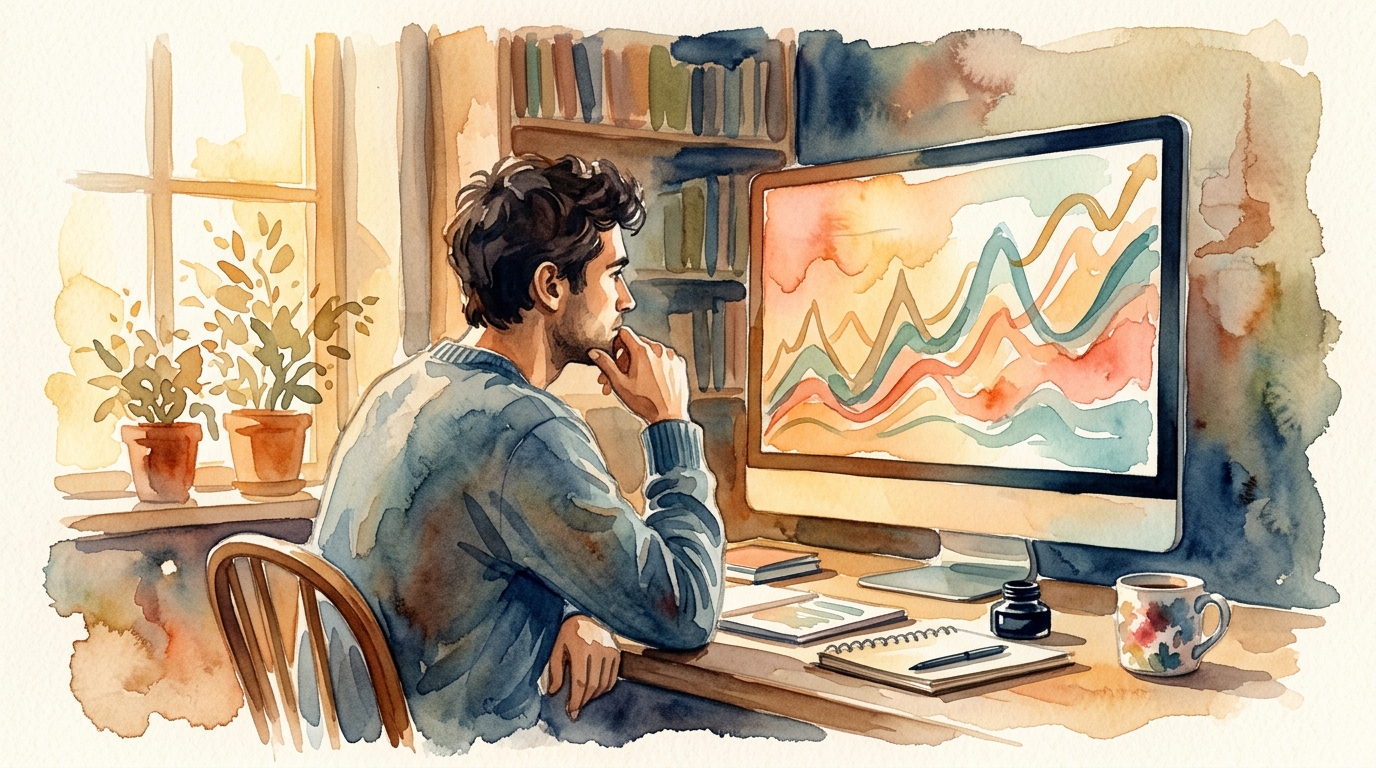 Man at desk staring at analytics dashboard showing sharp traffic drop