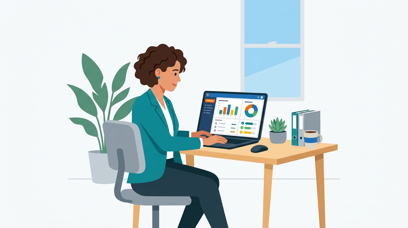 Sales professional at desk with open laptop displaying CRM dashboard