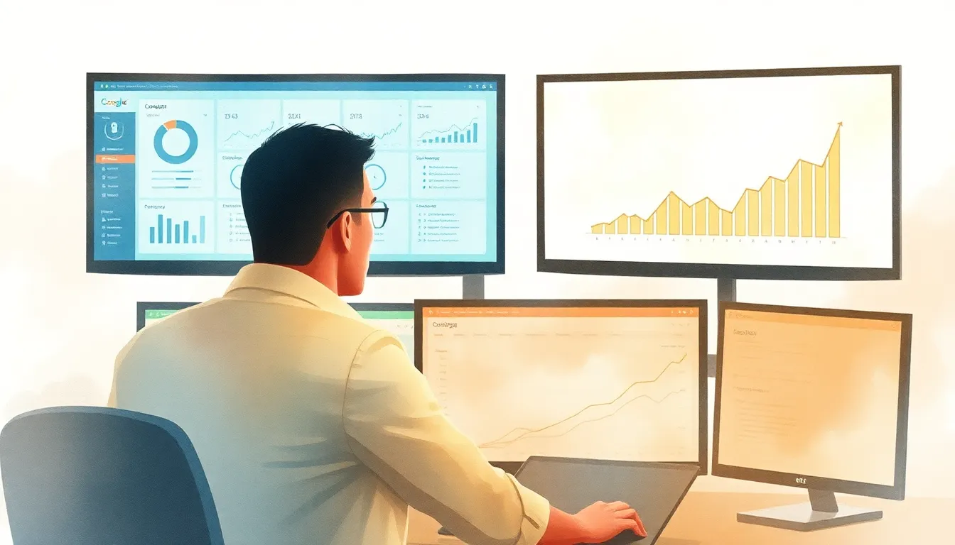 Person monitoring changing Google rankings on multiple screens