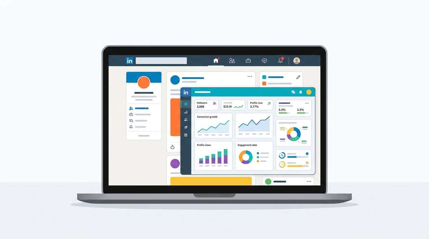 Laptop showing LinkedIn homepage with metrics dashboard overlay