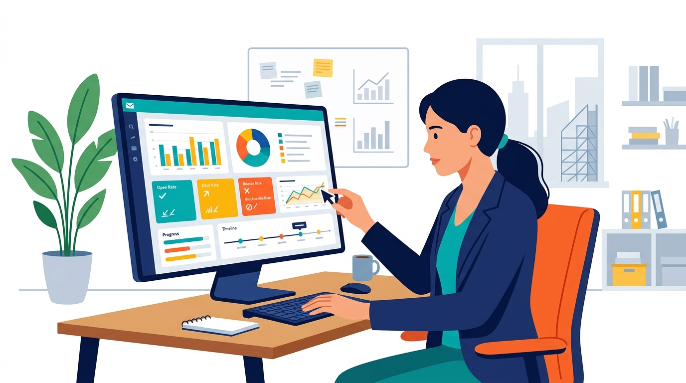 Person in a modern office analyzing email analytics dashboard on a laptop