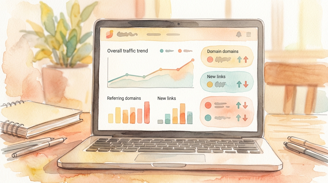 Laptop showing Ahrefs dashboard with domain metrics highlighted