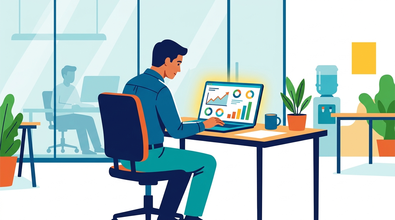 Professional in modern office looking at LinkedIn analytics dashboard on laptop