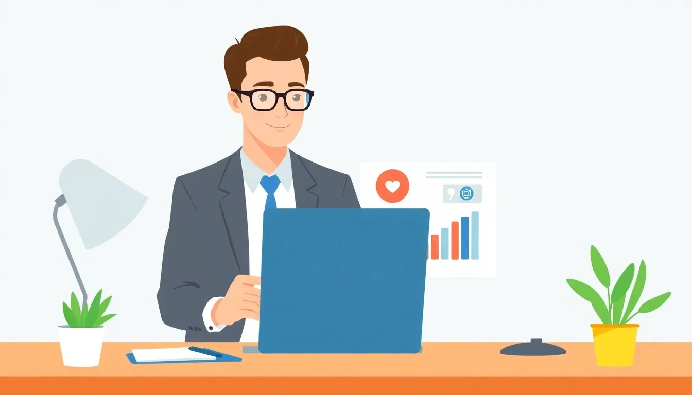 Business professional at a desk analyzing social media lead data on laptop