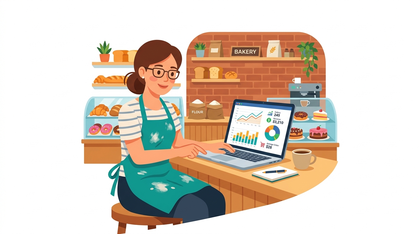 Local bakery owner reviewing online order stats on laptop