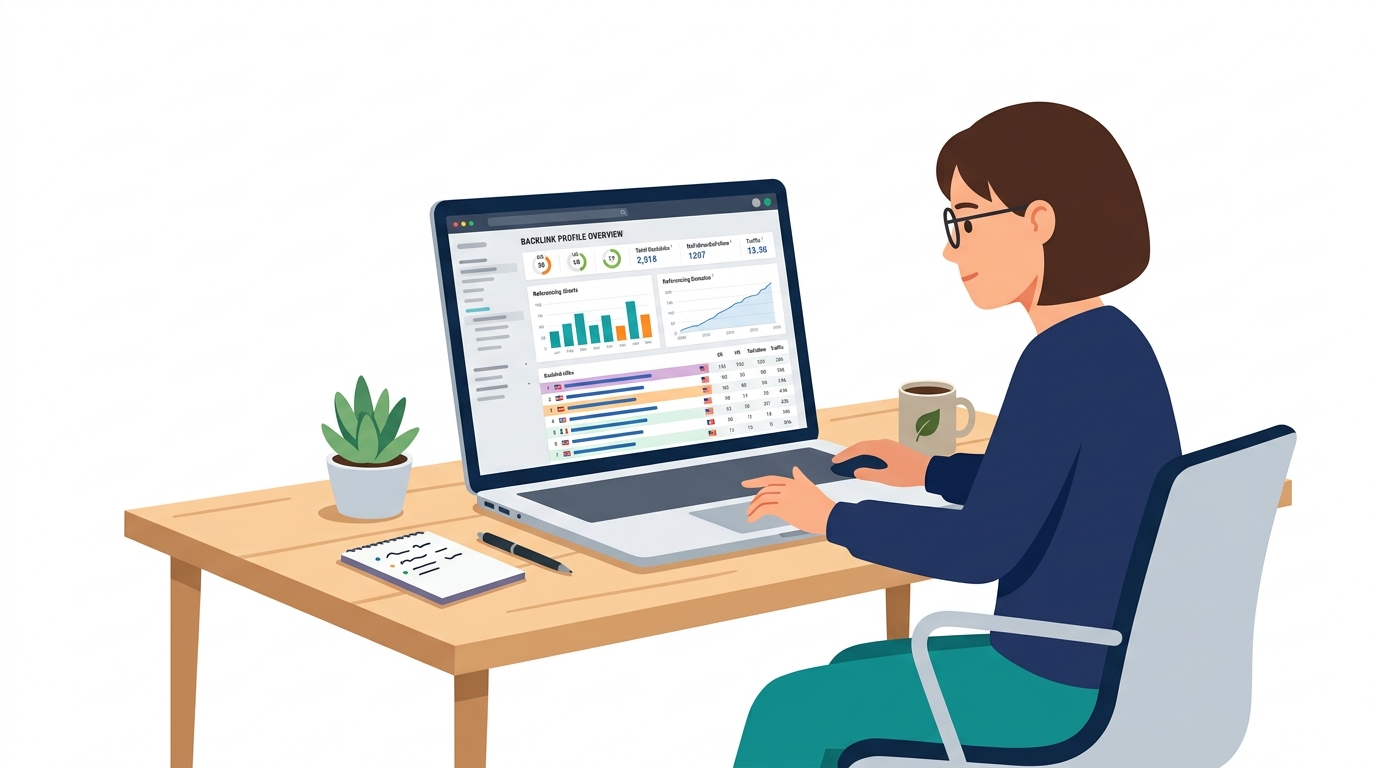 Person reviewing a detailed backlink profile on a laptop, with a SaaS dashboard open