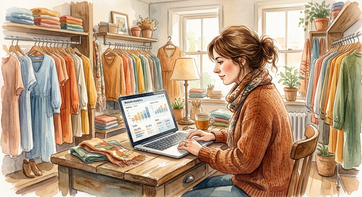 Owner of a small clothing store checking website analytics on a laptop behind the counter