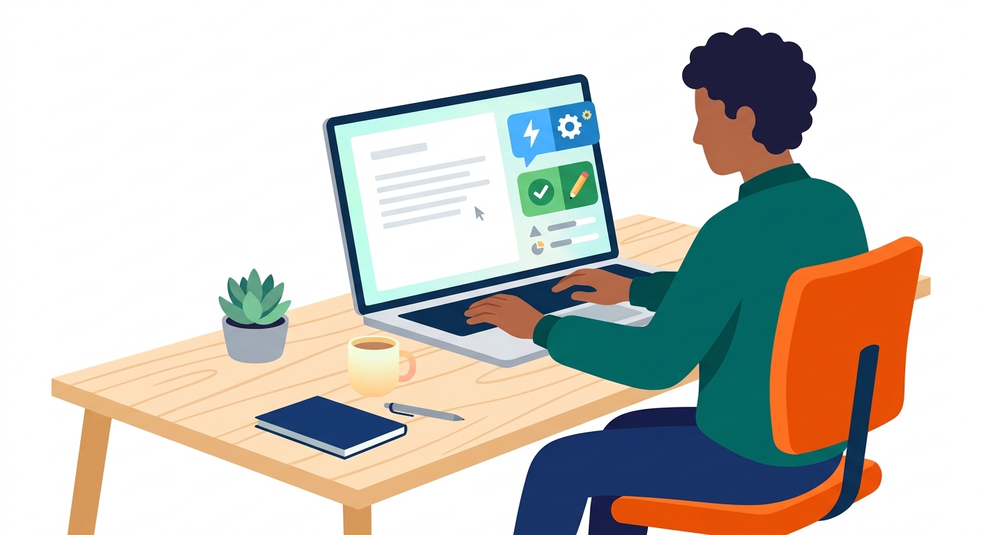 Person using laptop with AI writing assistant dashboard visible on screen