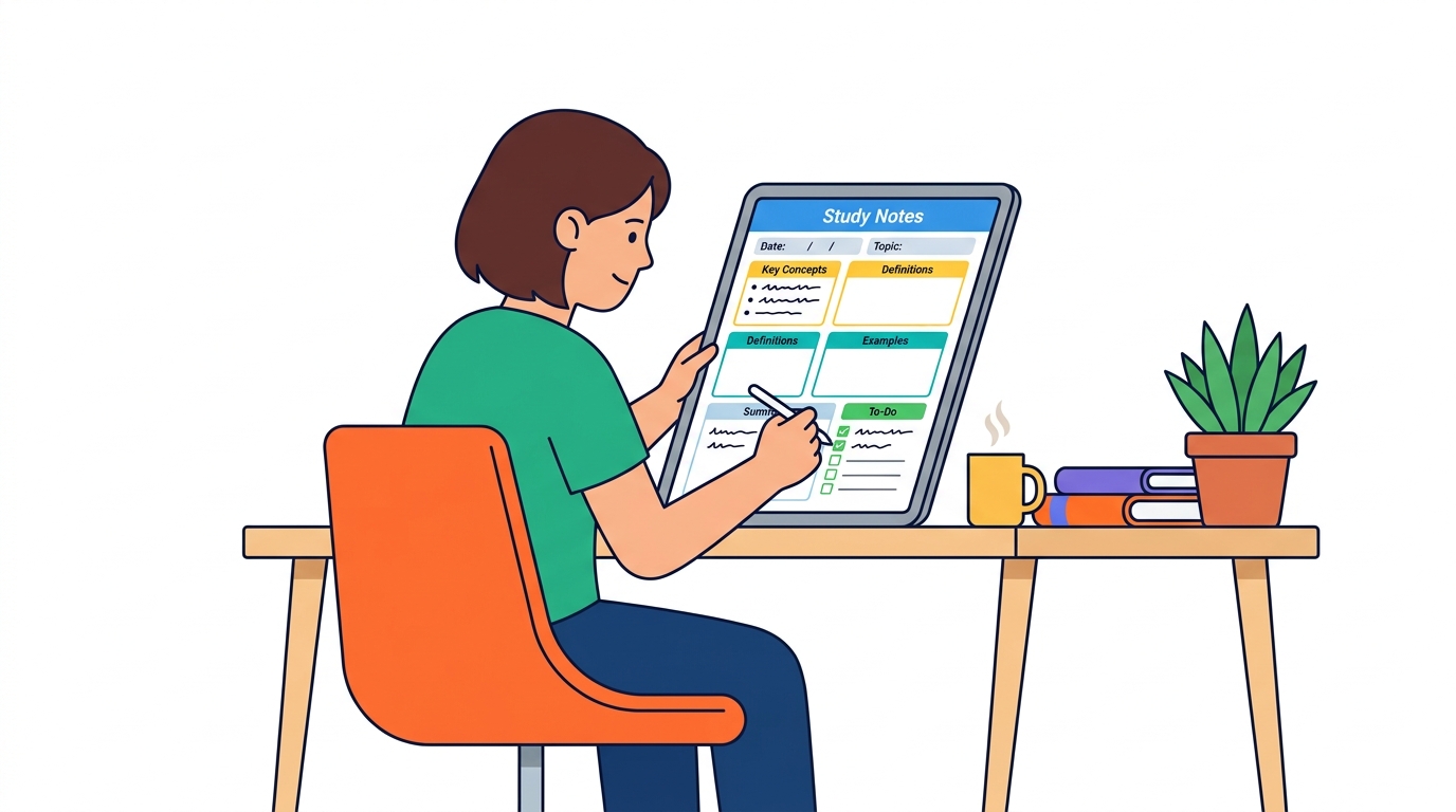 Student using tablet to fill out structured study note template