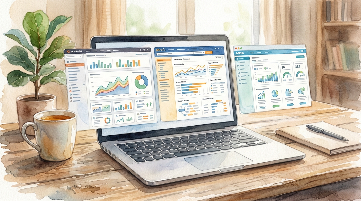 Laptop showing SEMrush, Ahrefs, and Moz dashboards side by side