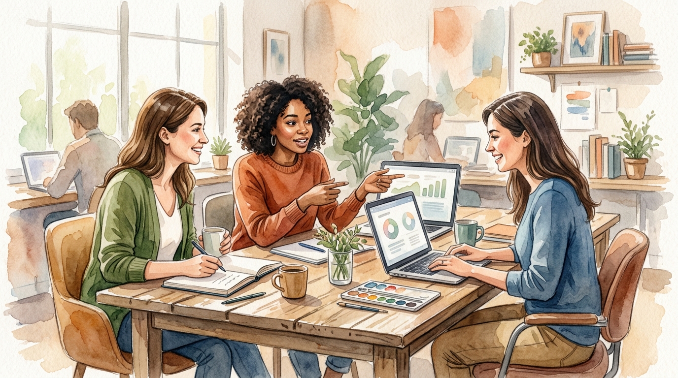 Three digital marketers collaborating at a workstation with SEO dashboards on monitors