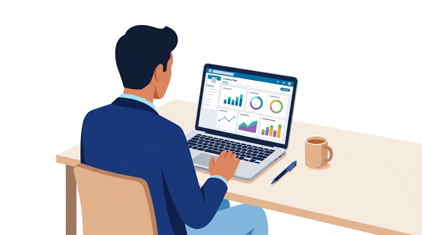 Professional reviewing LinkedIn analytics dashboard on a laptop in a modern workspace