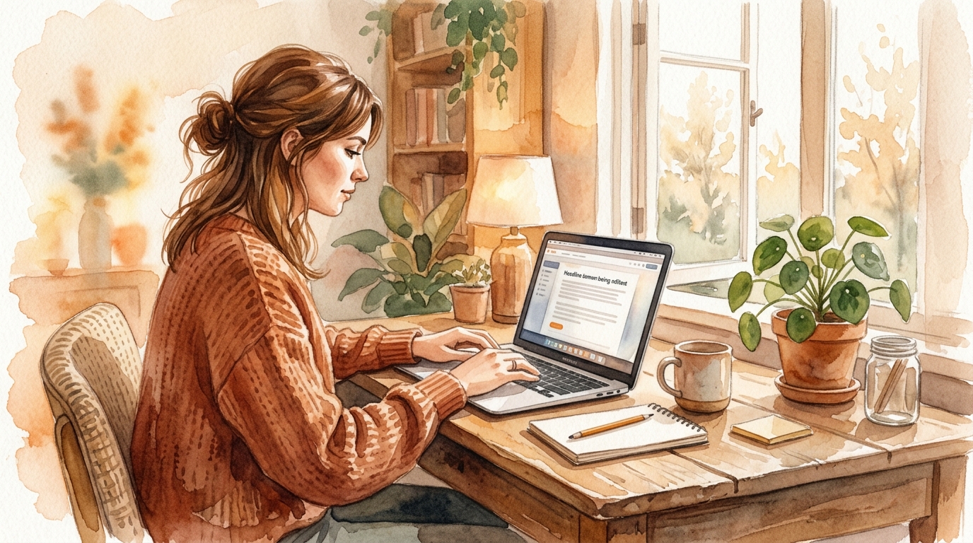 Marketer refining a headline on a laptop, comparing before and after results on screen