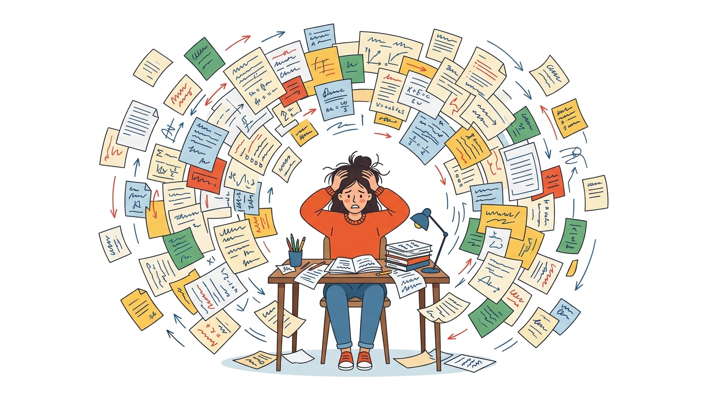 Student surrounded by handwritten notes, looking frustrated at a desk