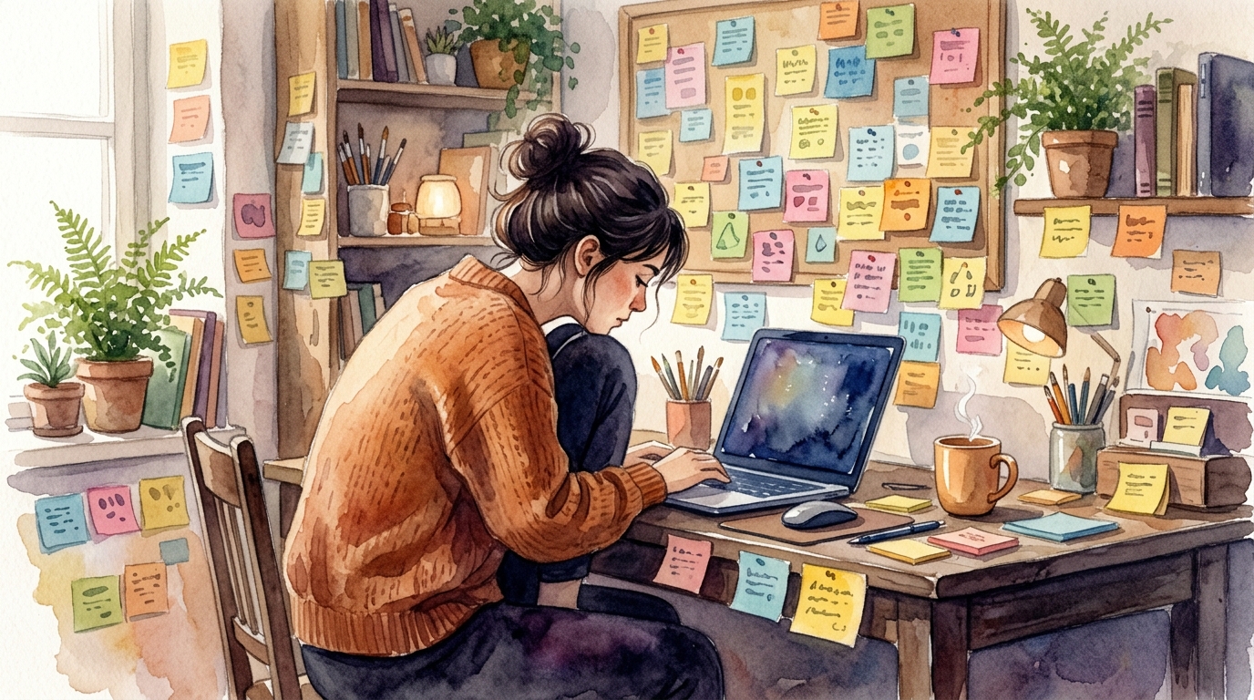 Person hunched over laptop surrounded by sticky notes and coffee cups, looking overwhelmed