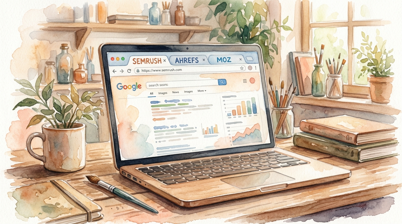 Laptop showing three browser tabs open to Semrush, Ahrefs, and Moz dashboards