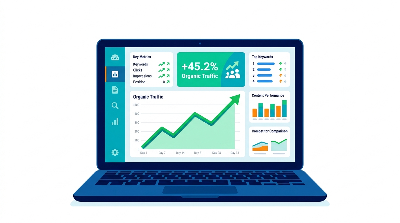 Laptop showing SEO analytics dashboard with rising organic traffic graph