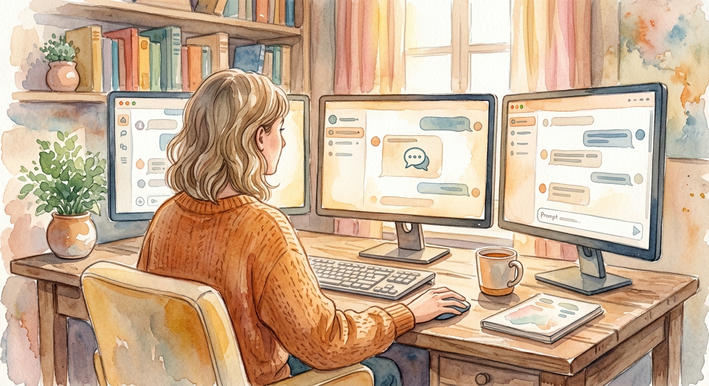 Person at a desk, three monitors showing ChatGPT, Claude, Jasper AI dashboards