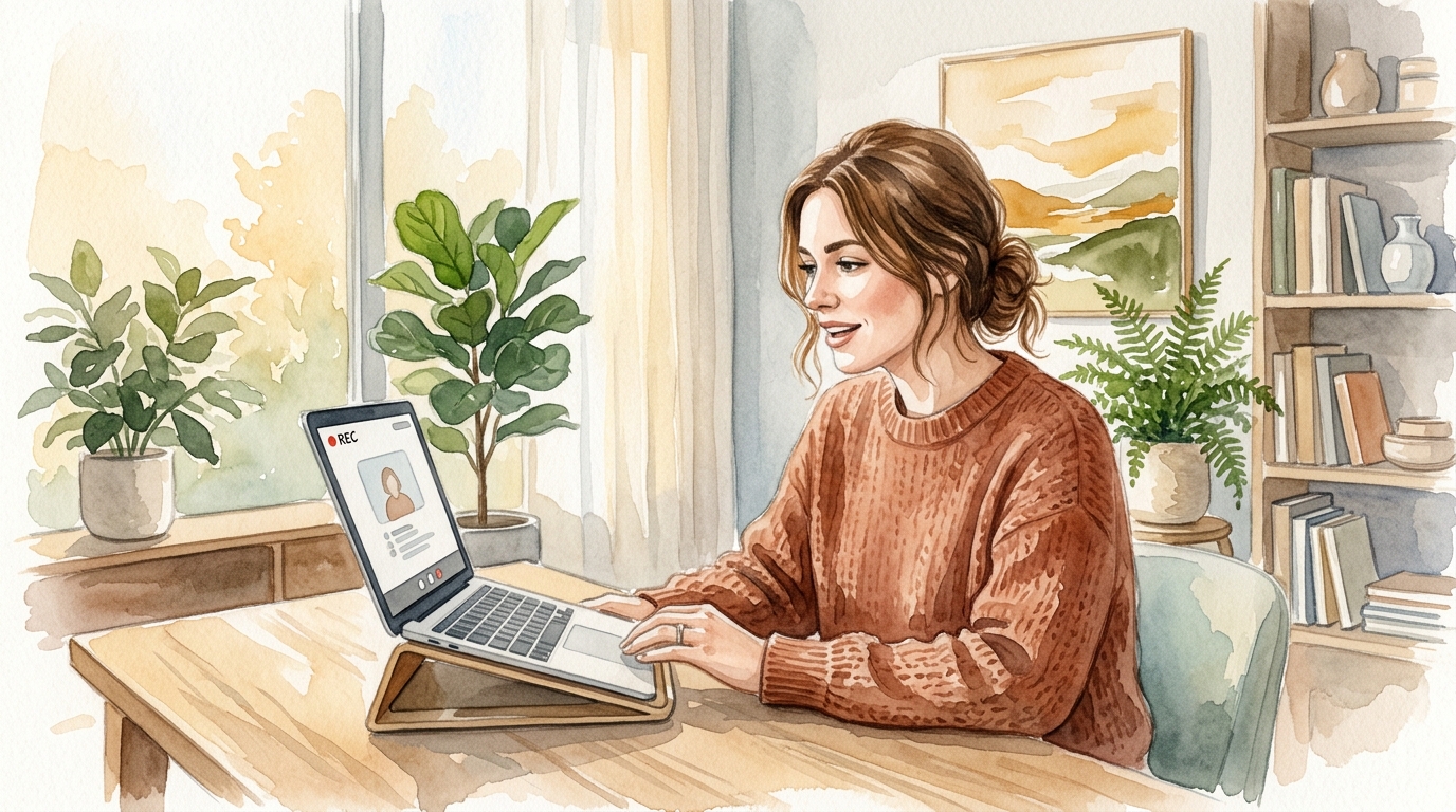 Woman recording a LinkedIn video post on her laptop at a modern workspace