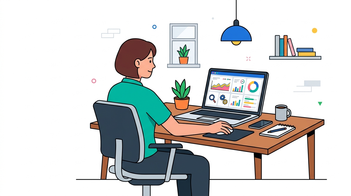 Marketer at desk reviewing SEO automation dashboard on laptop