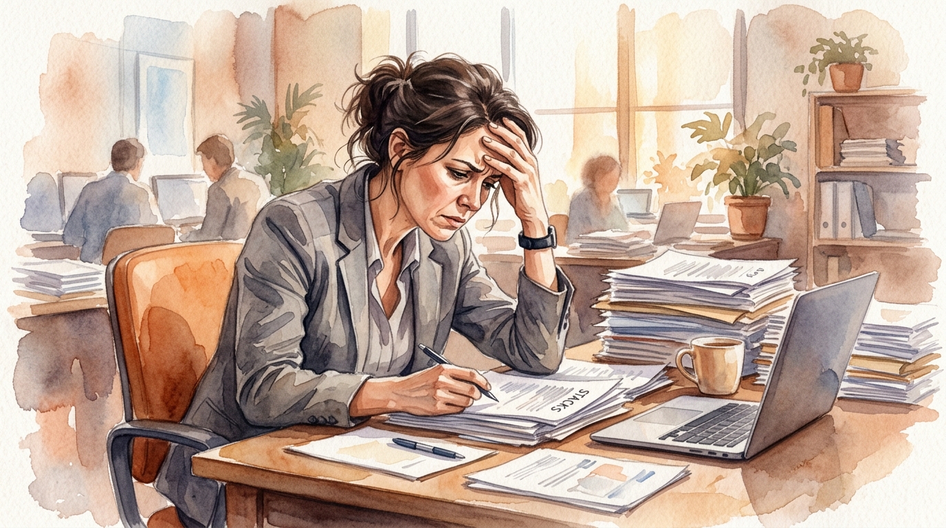 Business professional at a desk looking frustrated with stacks of printed contact lists