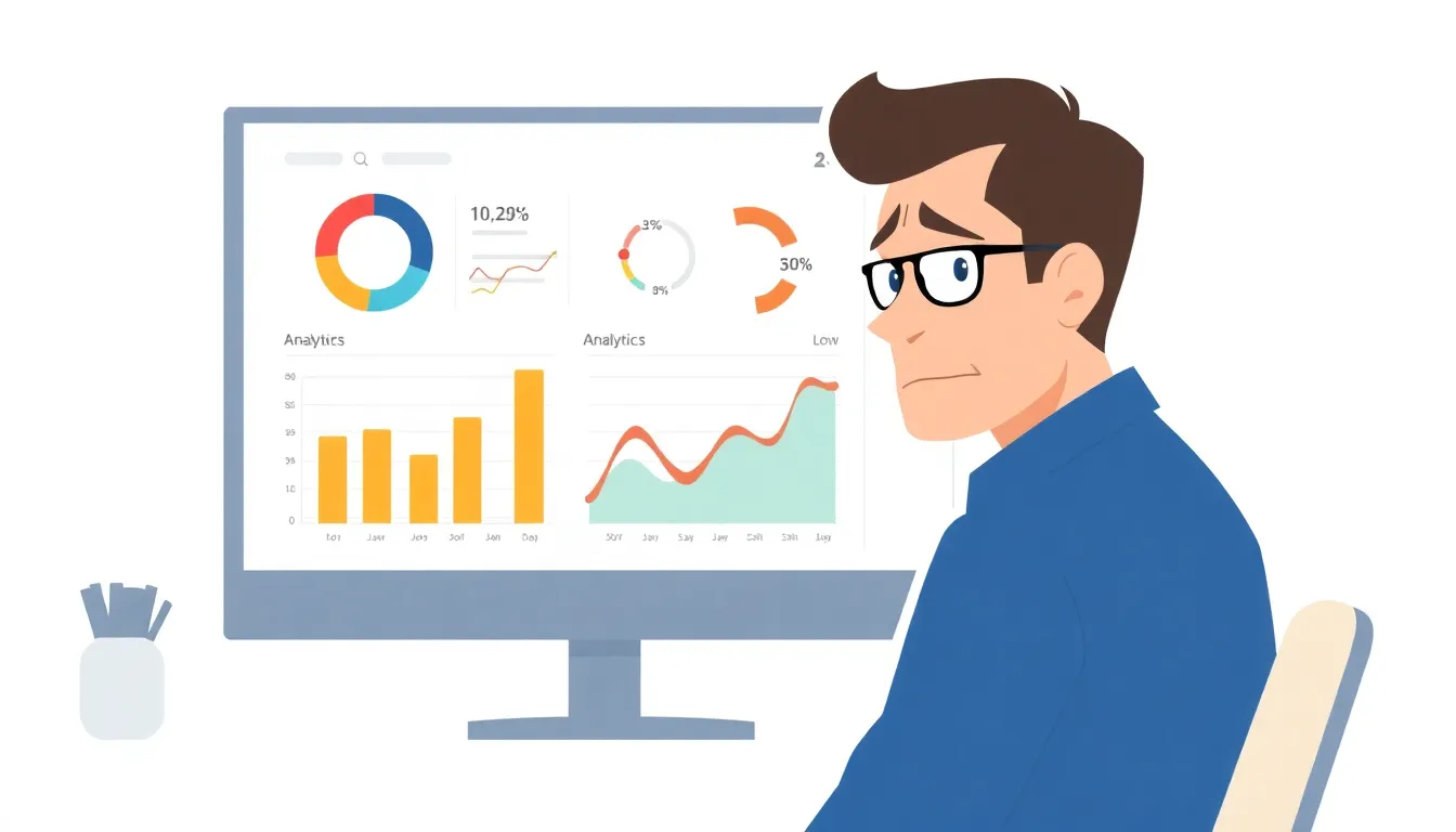 Frustrated marketer looking at analytics dashboard with low traffic numbers