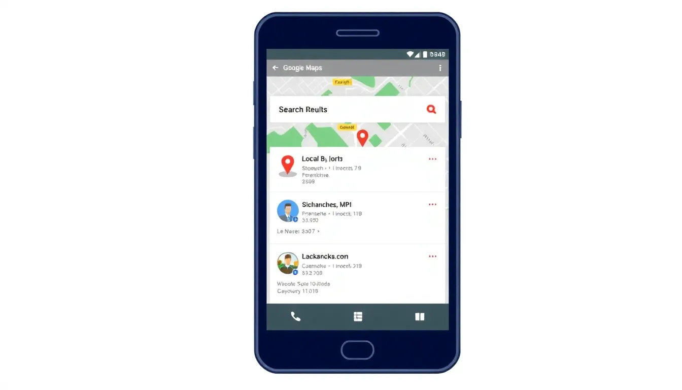 Smartphone displaying Google Maps search results for local businesses