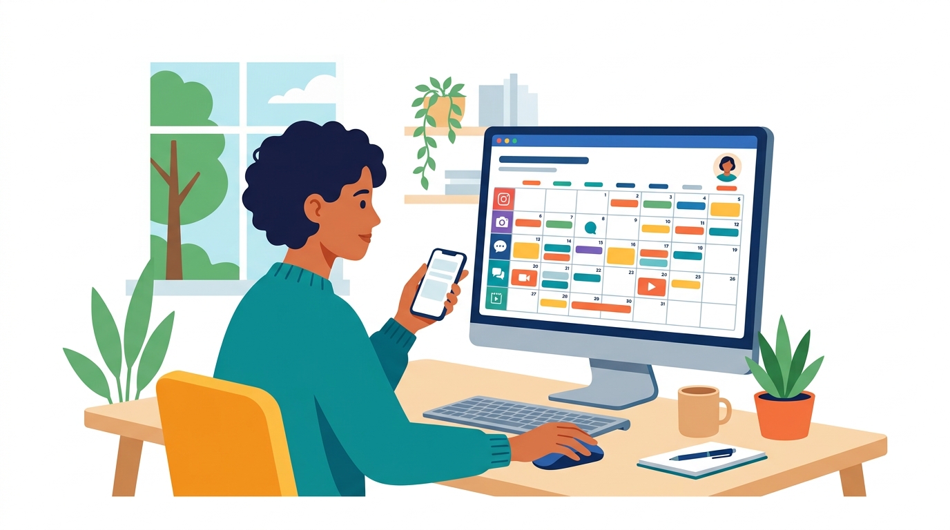 Person reviewing a social media calendar on a desktop monitor