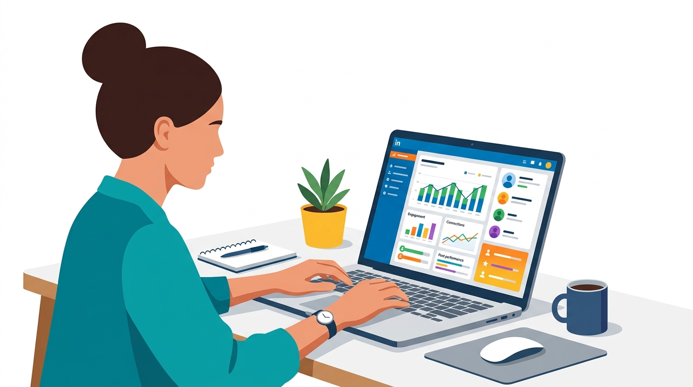 Person typing on a laptop displaying a LinkedIn analytics dashboard