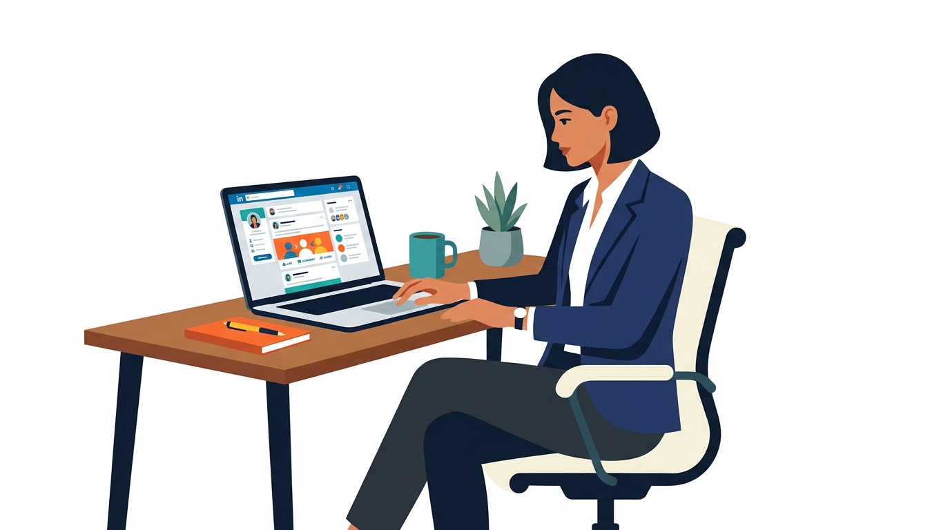 Person in business attire checking LinkedIn feed on laptop with analytics dashboard open
