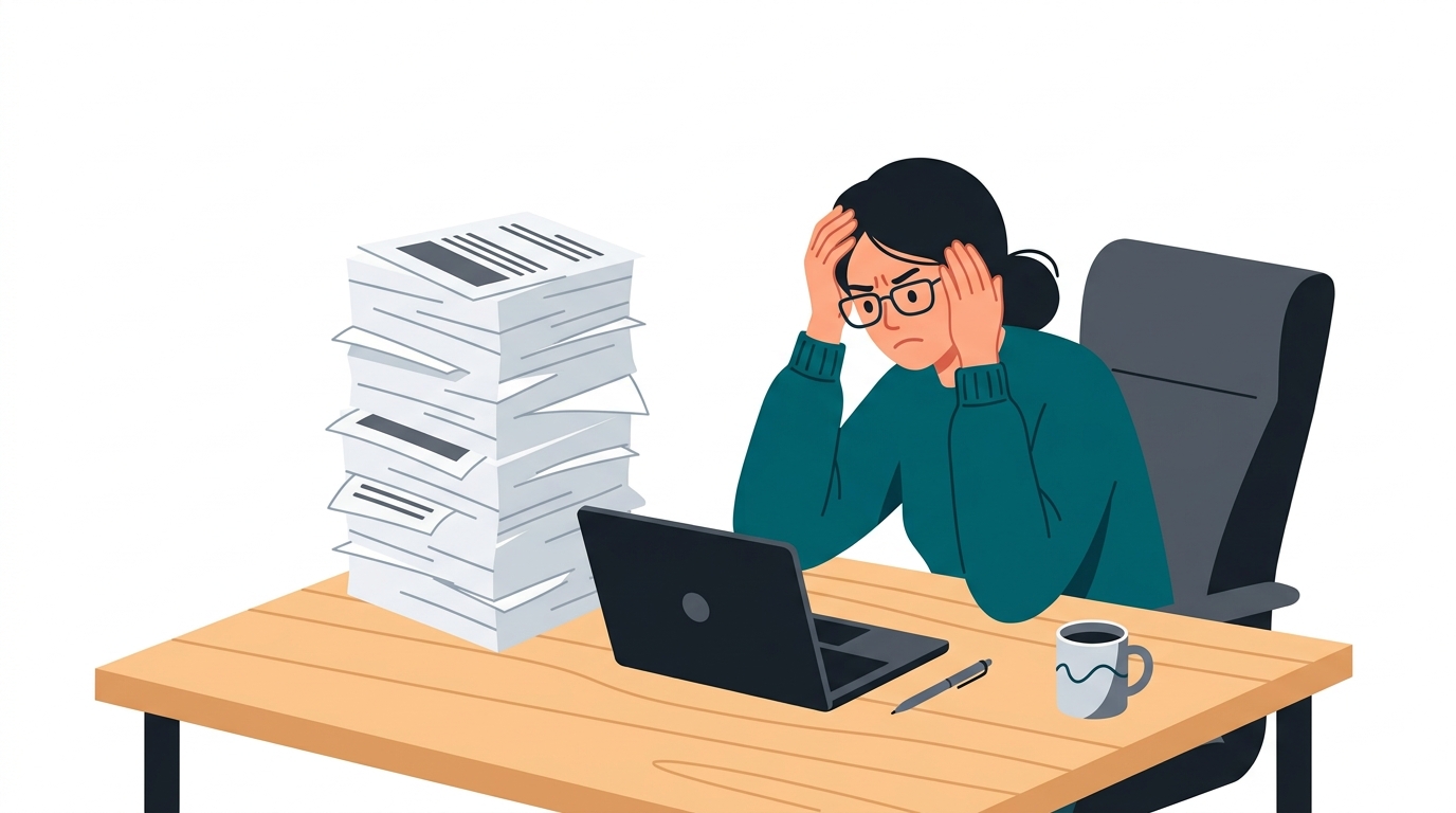 Person at desk looking frustrated with a stack of printed resumes