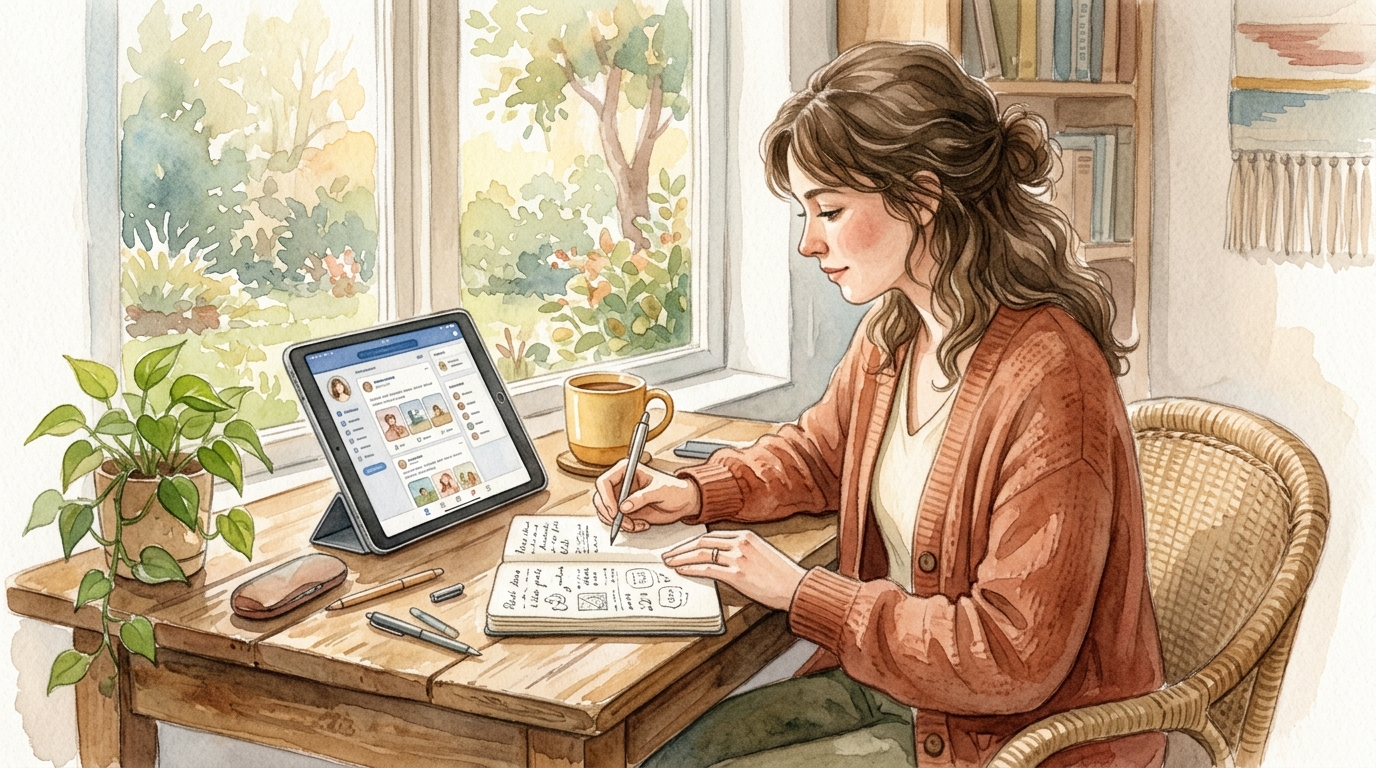 Person writing notes while reviewing a digital social media calendar on laptop