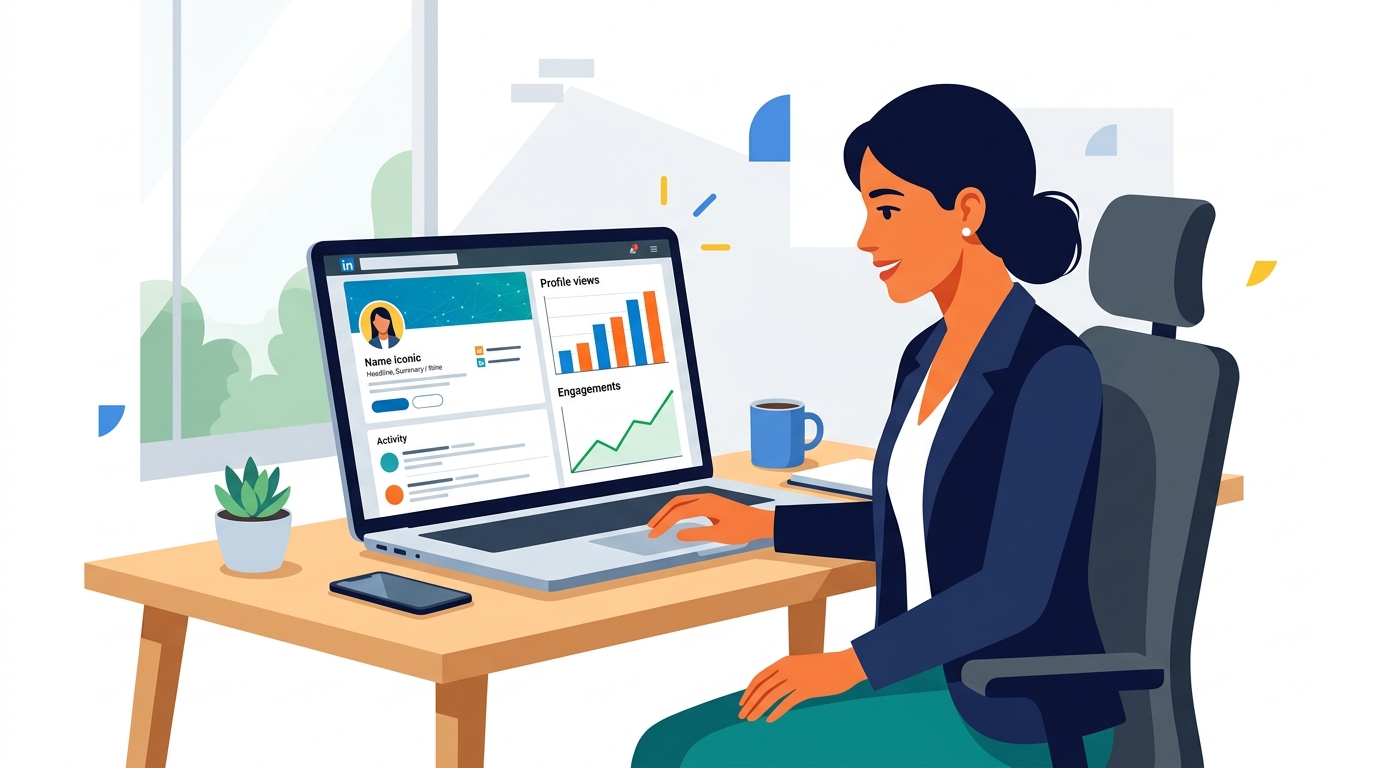 Professional looking at LinkedIn profile on laptop with graphs showing increase in connections