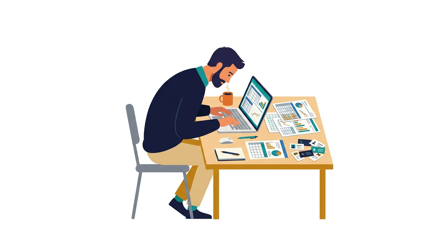 Person hunched over laptop, spreadsheets and business cards scattered on desk