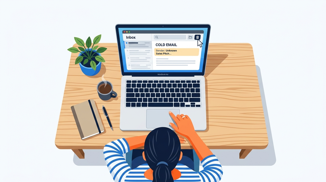 Overhead shot of a person deleting cold email on laptop screen