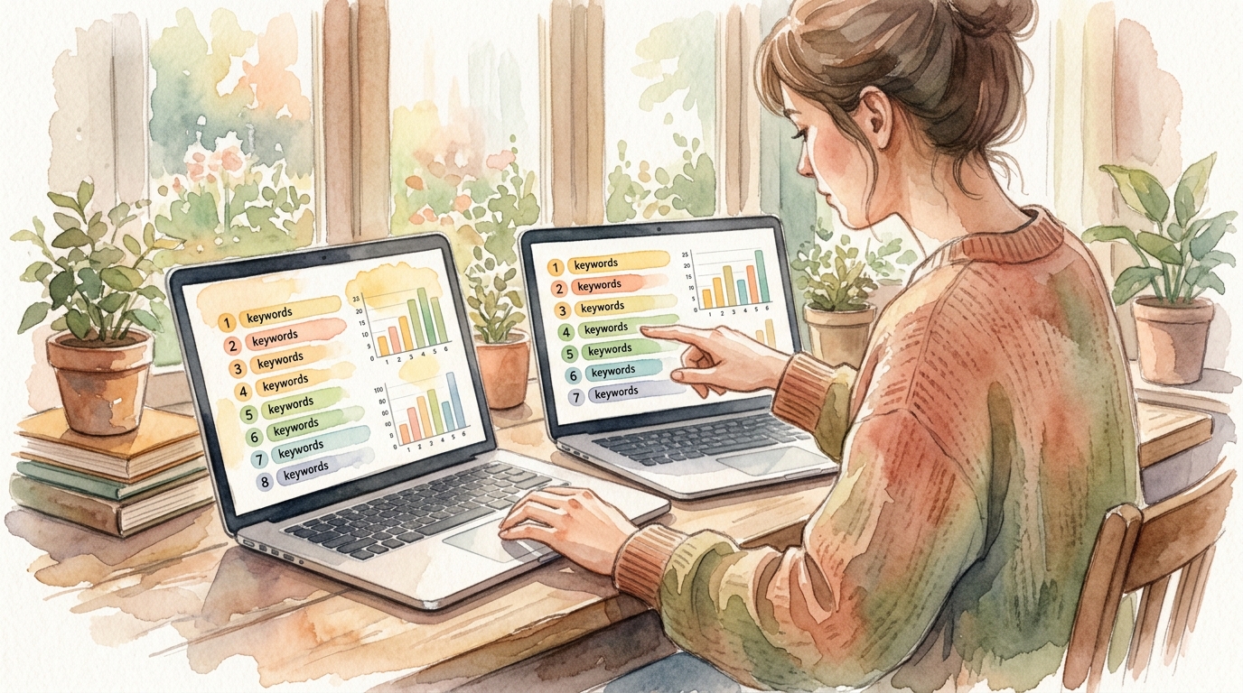 Person comparing ranked keyword lists on two laptops, highlighting search results