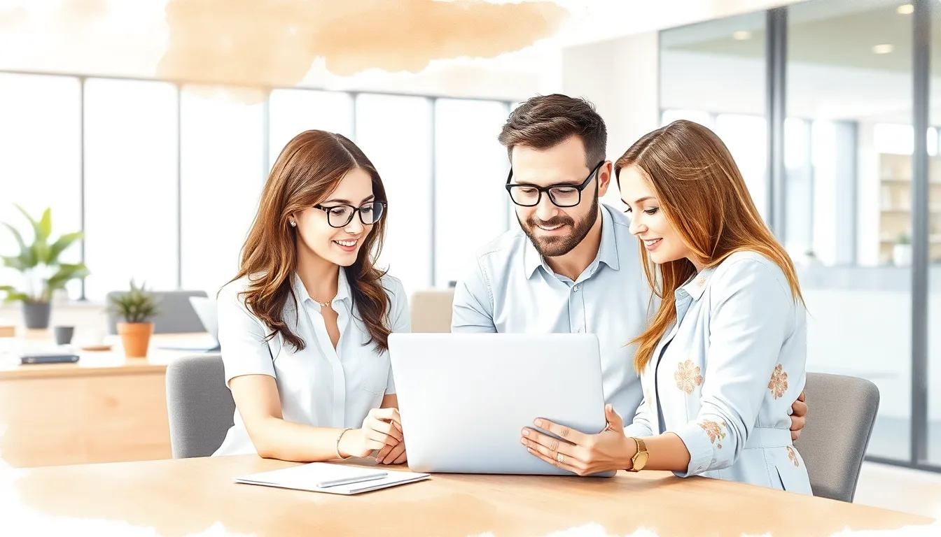 Sales team in a modern office comparing lead lists on laptops and tablets