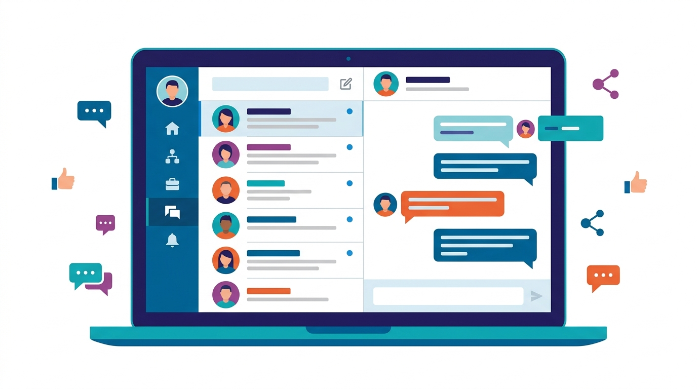 Laptop showing LinkedIn profile with active message threads and analytics dashboard