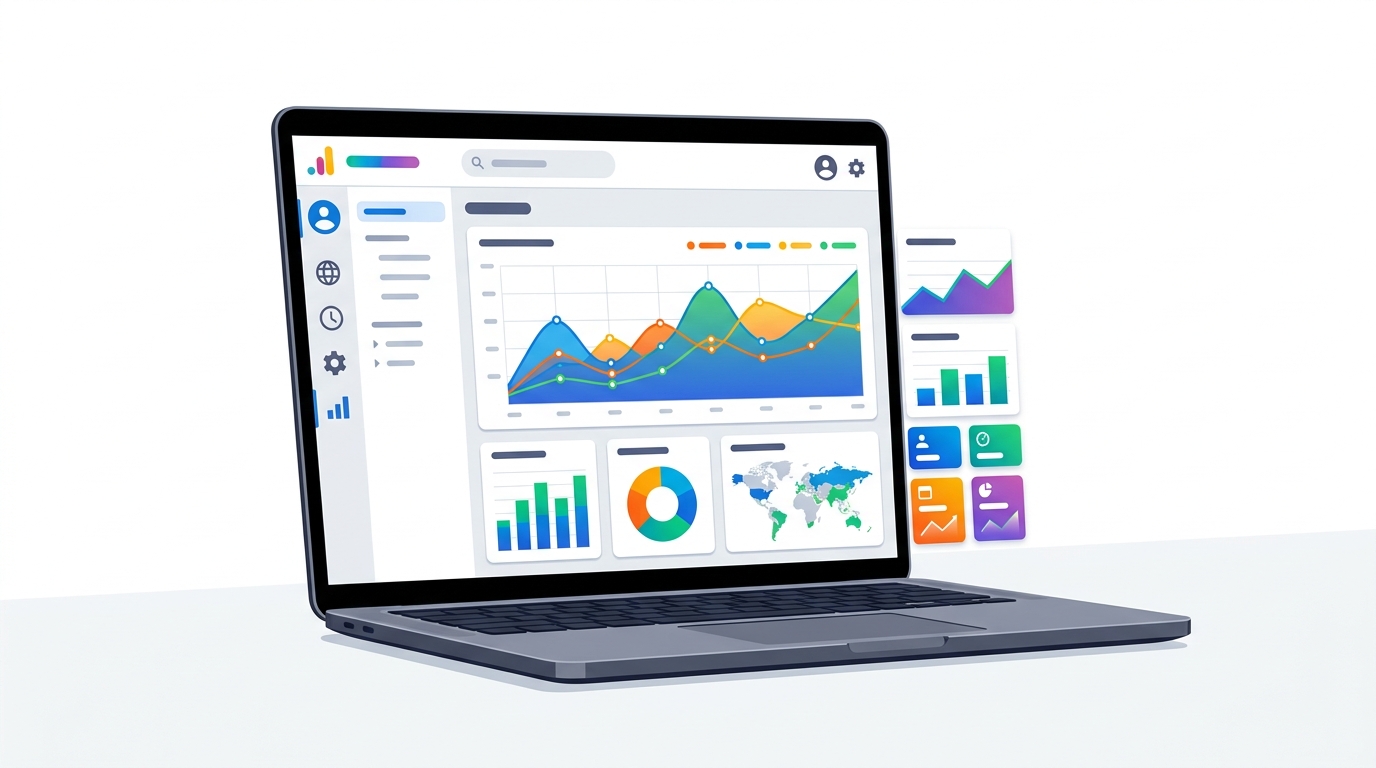 Laptop showing Google Analytics dashboard and line chart with traffic spike