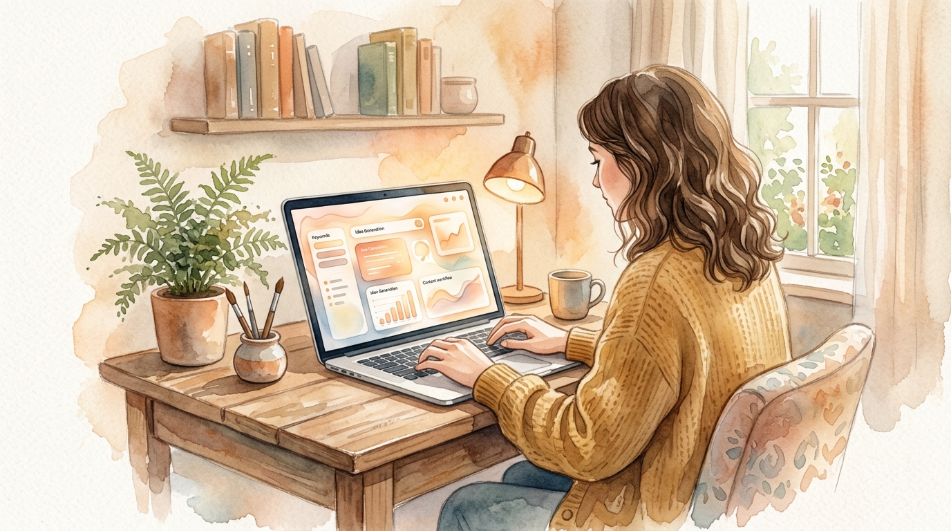 Person entering keywords into a laptop, AI content tool dashboard on screen
