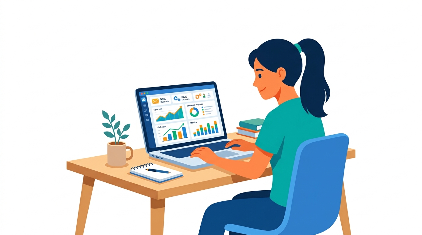 Person at desk reviewing email automation dashboard on laptop