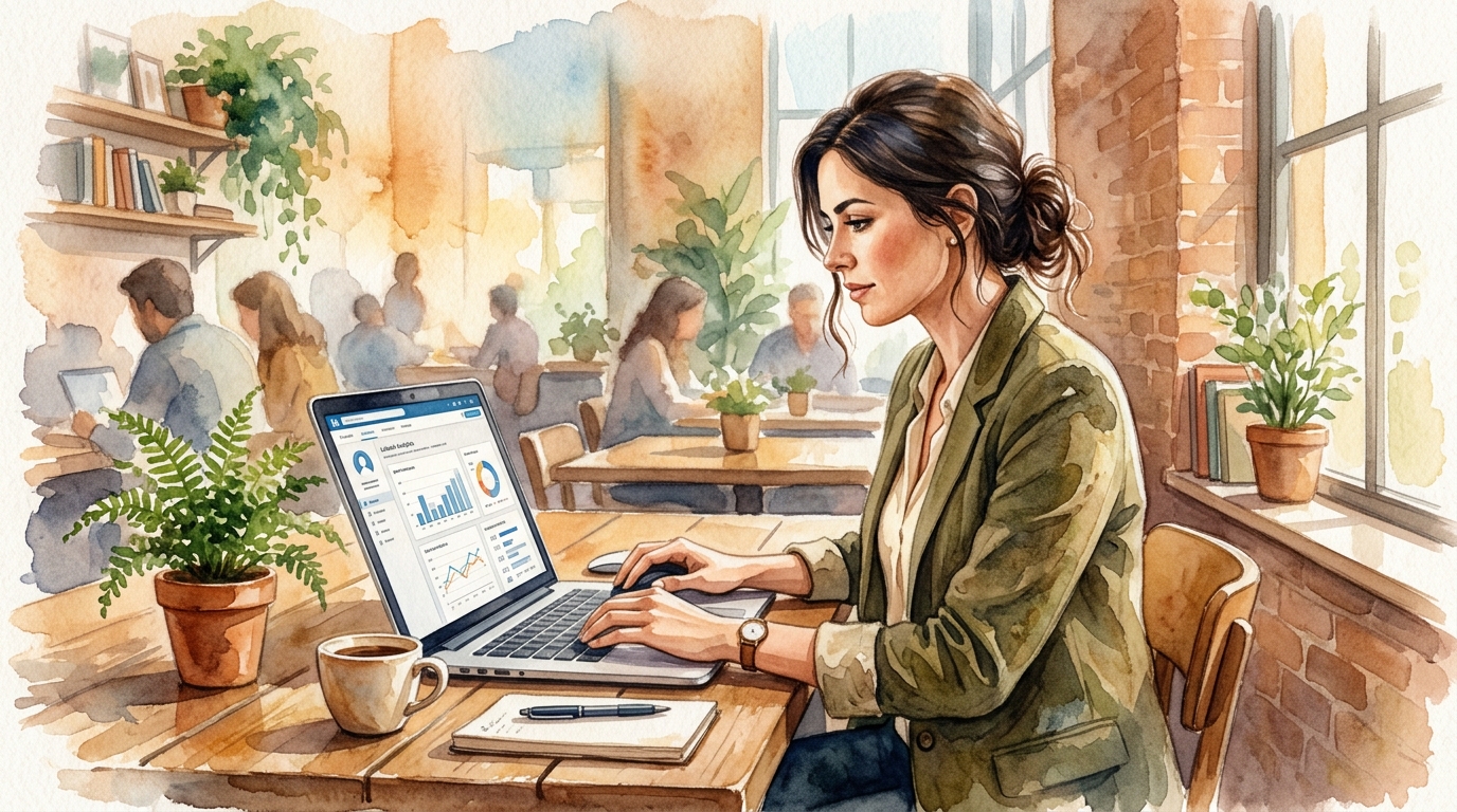 Businesswoman checking LinkedIn analytics on a laptop at a sunny office desk