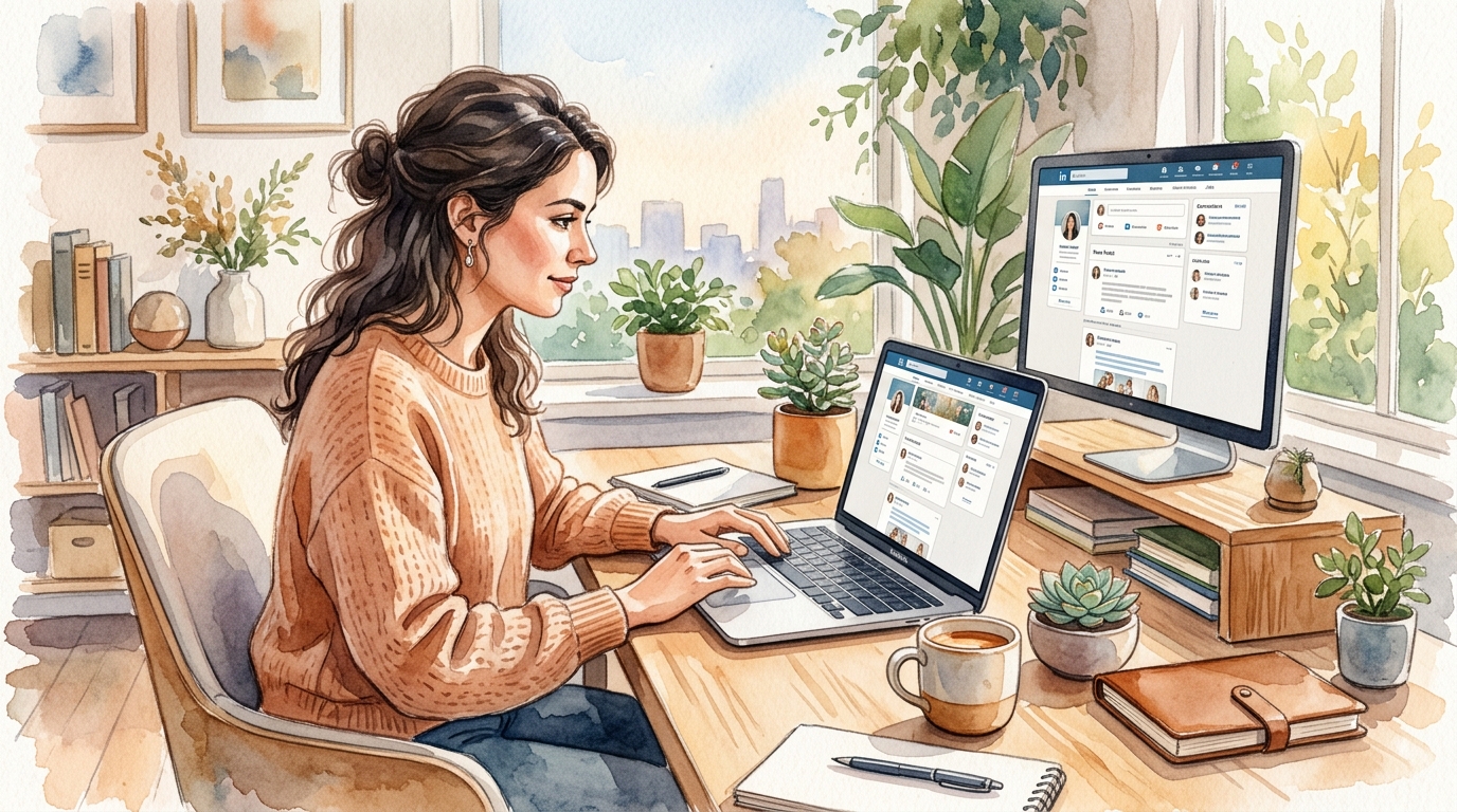 Professional at a modern desk using a laptop with LinkedIn automation dashboard