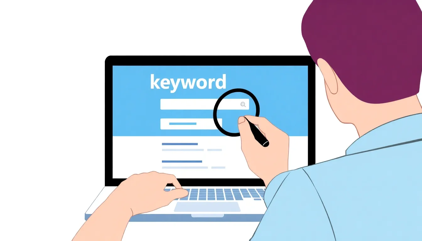 Person analyzing a laptop screen displaying keyword research analytics and traffic graphs