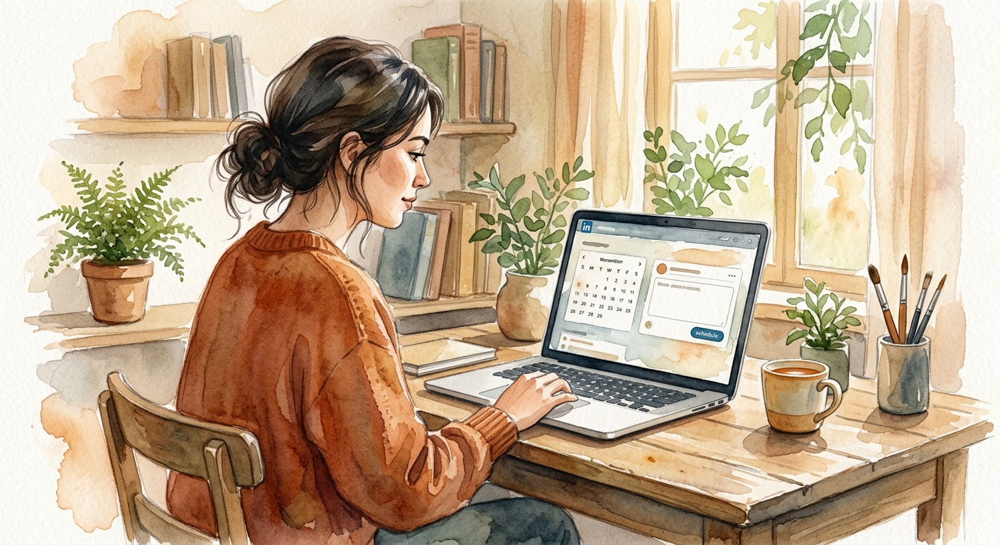 Person scheduling a LinkedIn post on a laptop with calendar and analytics visible